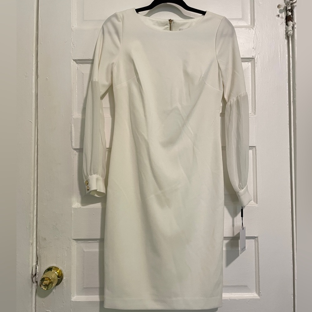 CALVIN KLEIN WHITE DRESS WITH SHEER SLEEVES WOMEN’S SIZE 6
